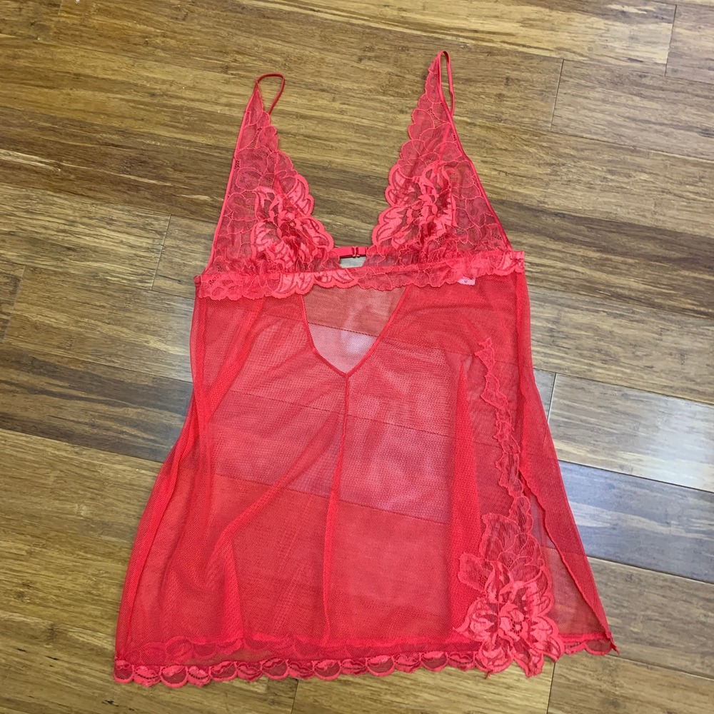 Y2K Victoria's Secret Red Babydoll‎ Size Medium Lingerie Lace Trim Mesh Chemise